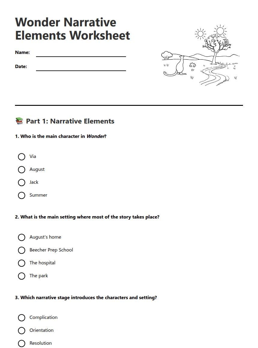 Wonder Narrative Elements Worksheet worksheet preview