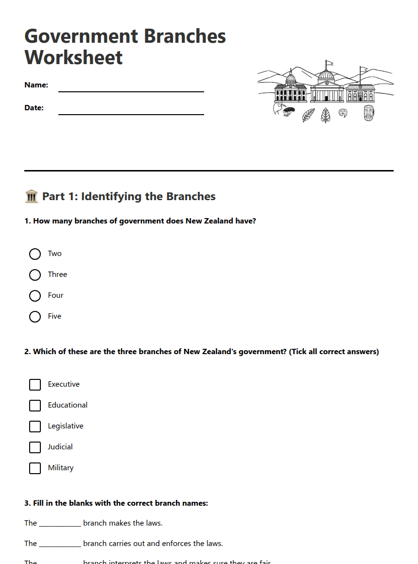 Government Branches Worksheet worksheet preview