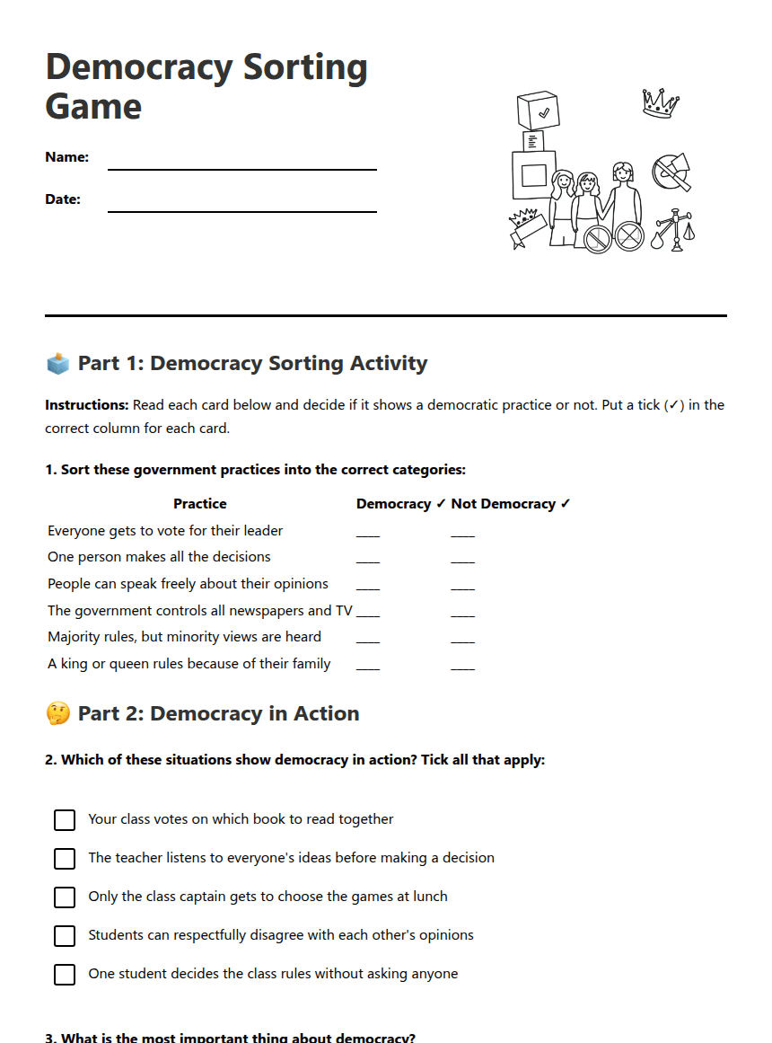 Democracy Sorting Game worksheet preview