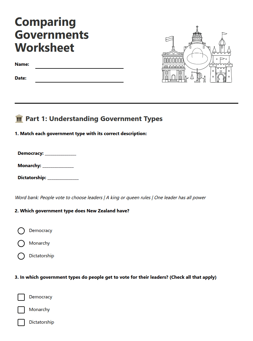 Comparing Governments Worksheet worksheet preview