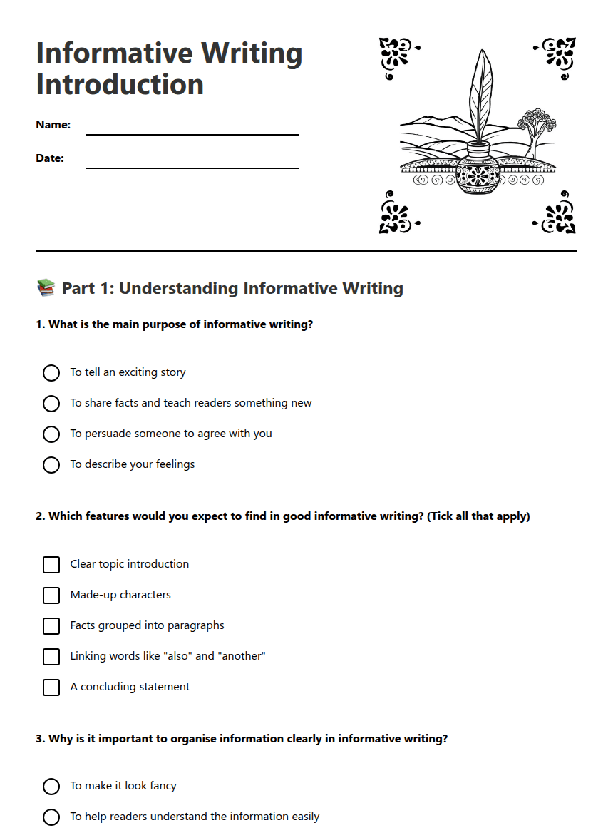 Informative Writing Introduction worksheet preview