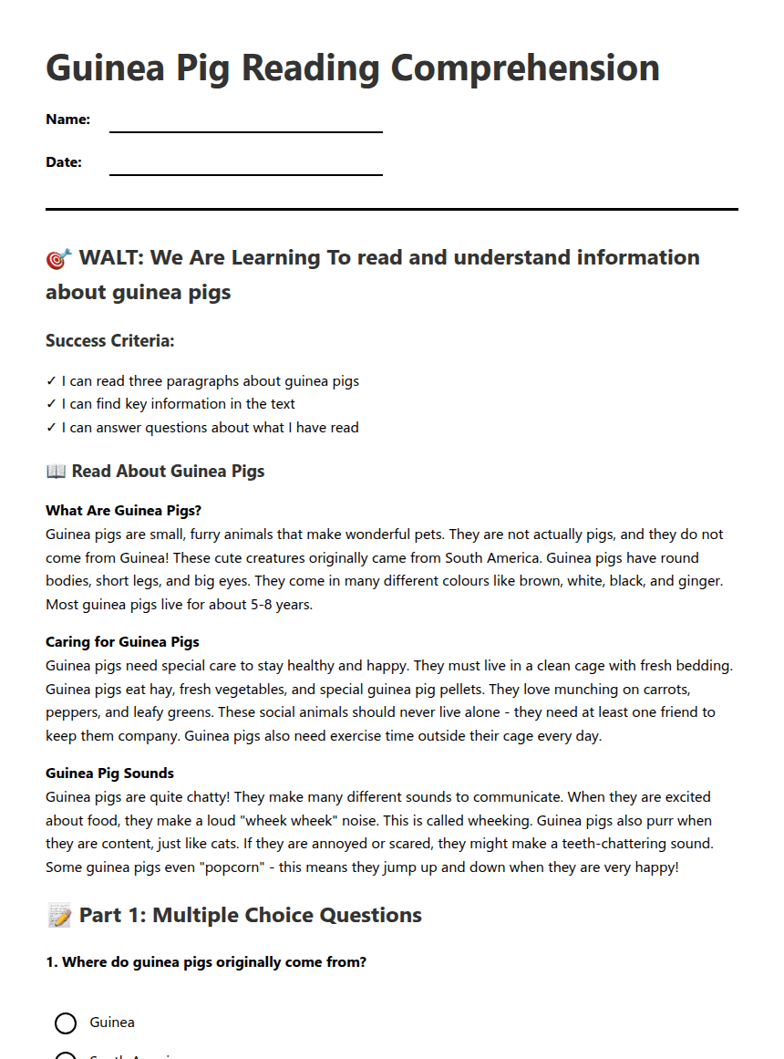 Guinea Pig Reading Comprehension worksheet preview