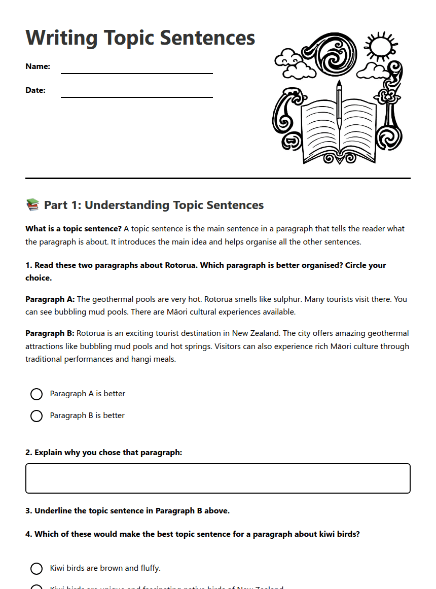 Writing Topic Sentences worksheet preview