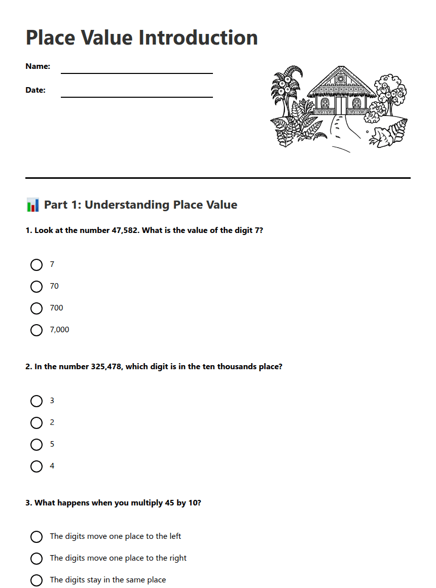 Place Value Introduction worksheet preview