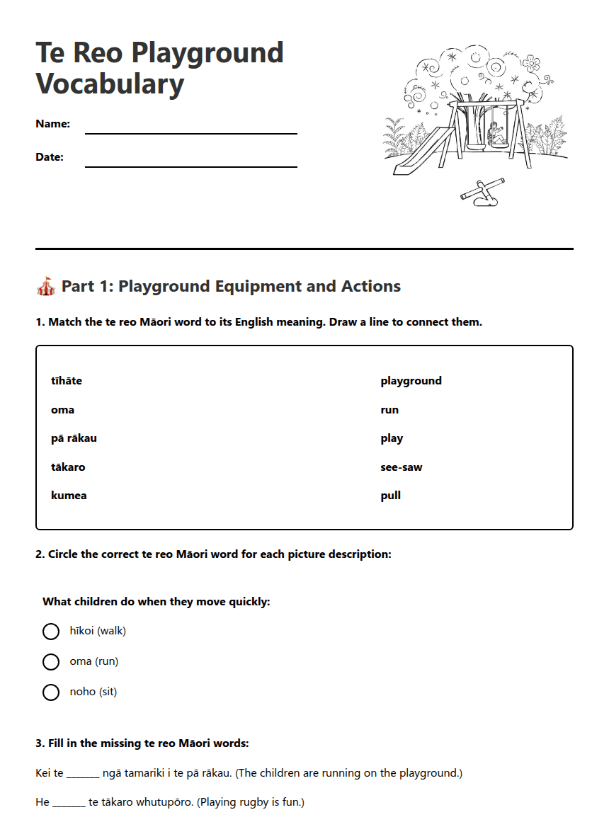Te Reo Playground Vocabulary worksheet preview