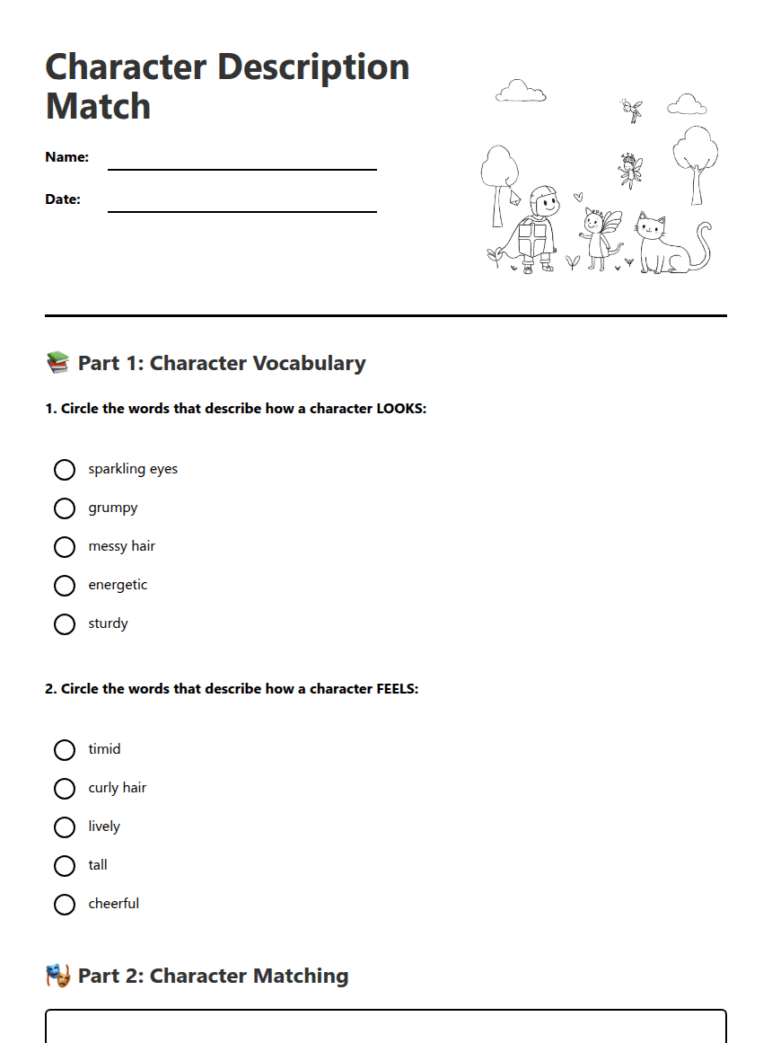 Character Description Match worksheet preview
