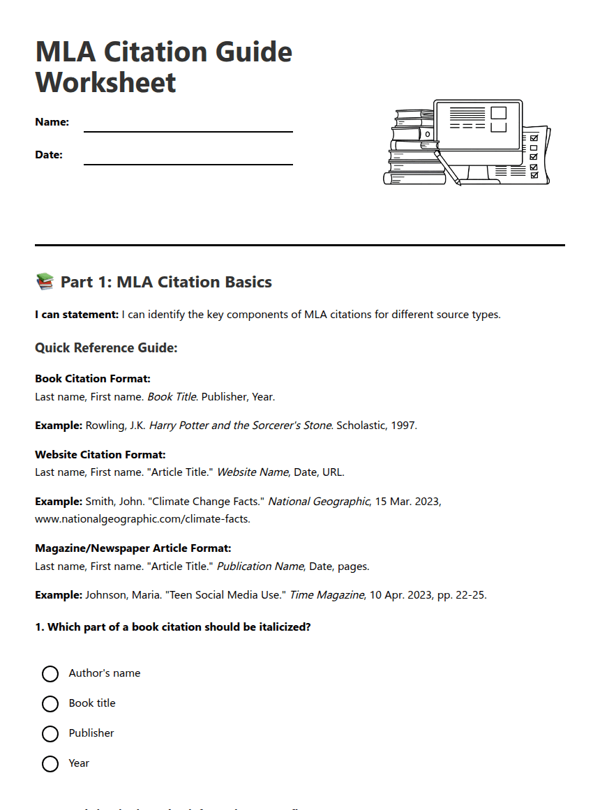 MLA Citation Guide Worksheet worksheet preview
