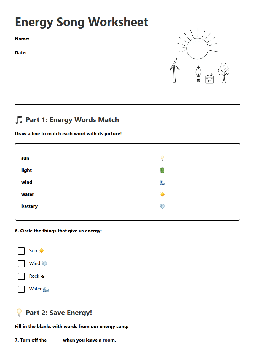 Energy Song Worksheet worksheet preview