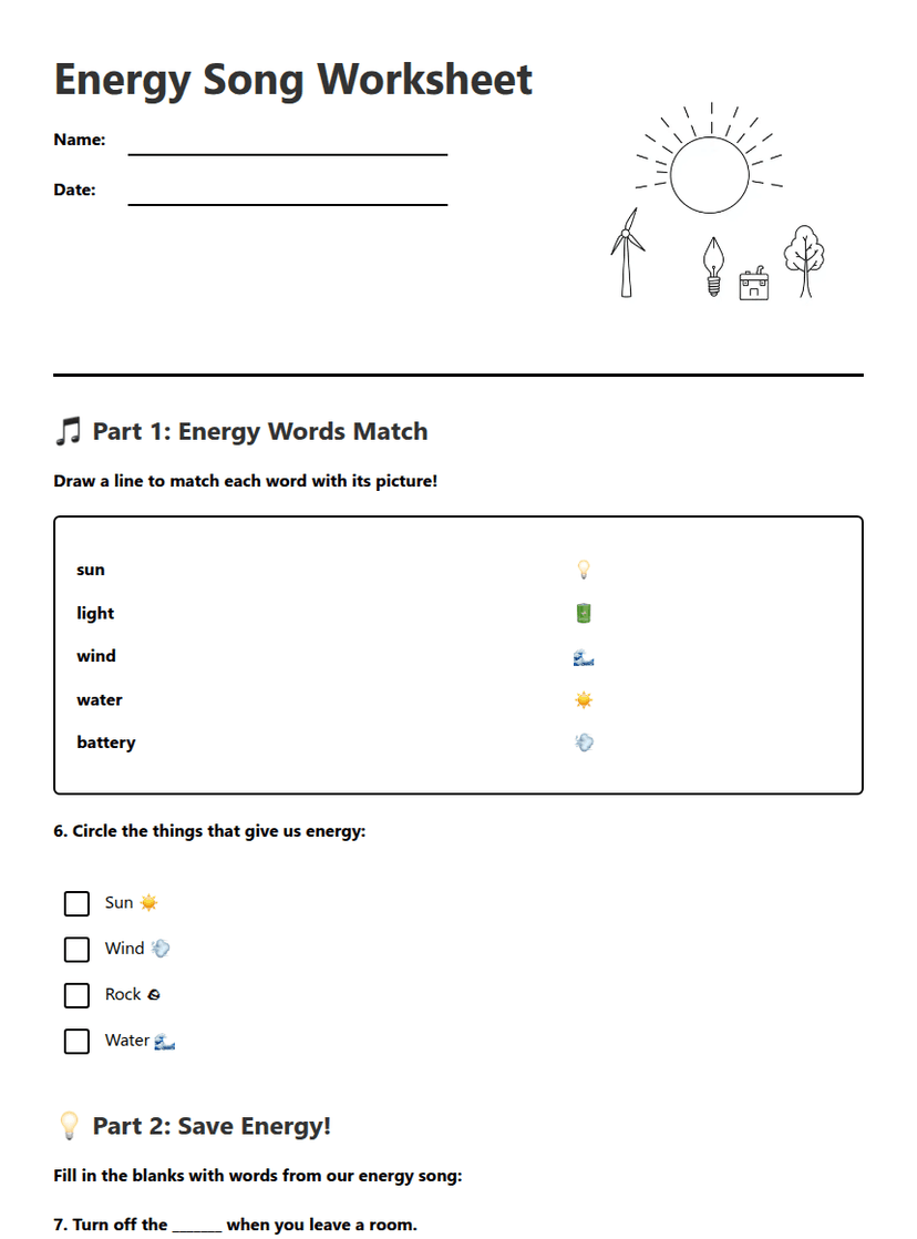 Energy Song Worksheet