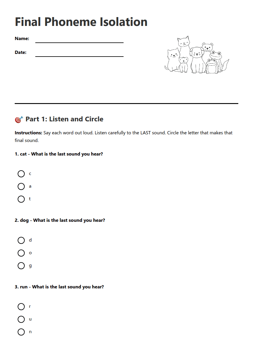 Final Phoneme Isolation worksheet preview