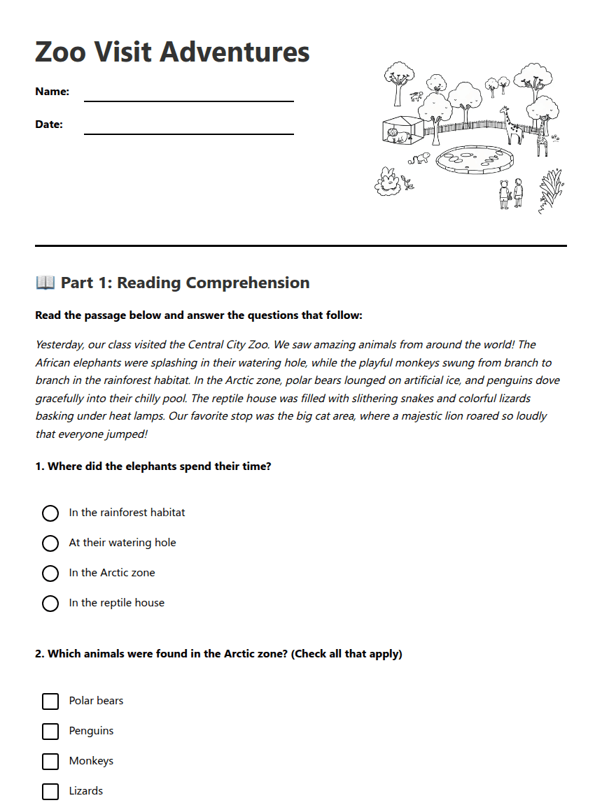 Zoo Visit Adventures worksheet preview