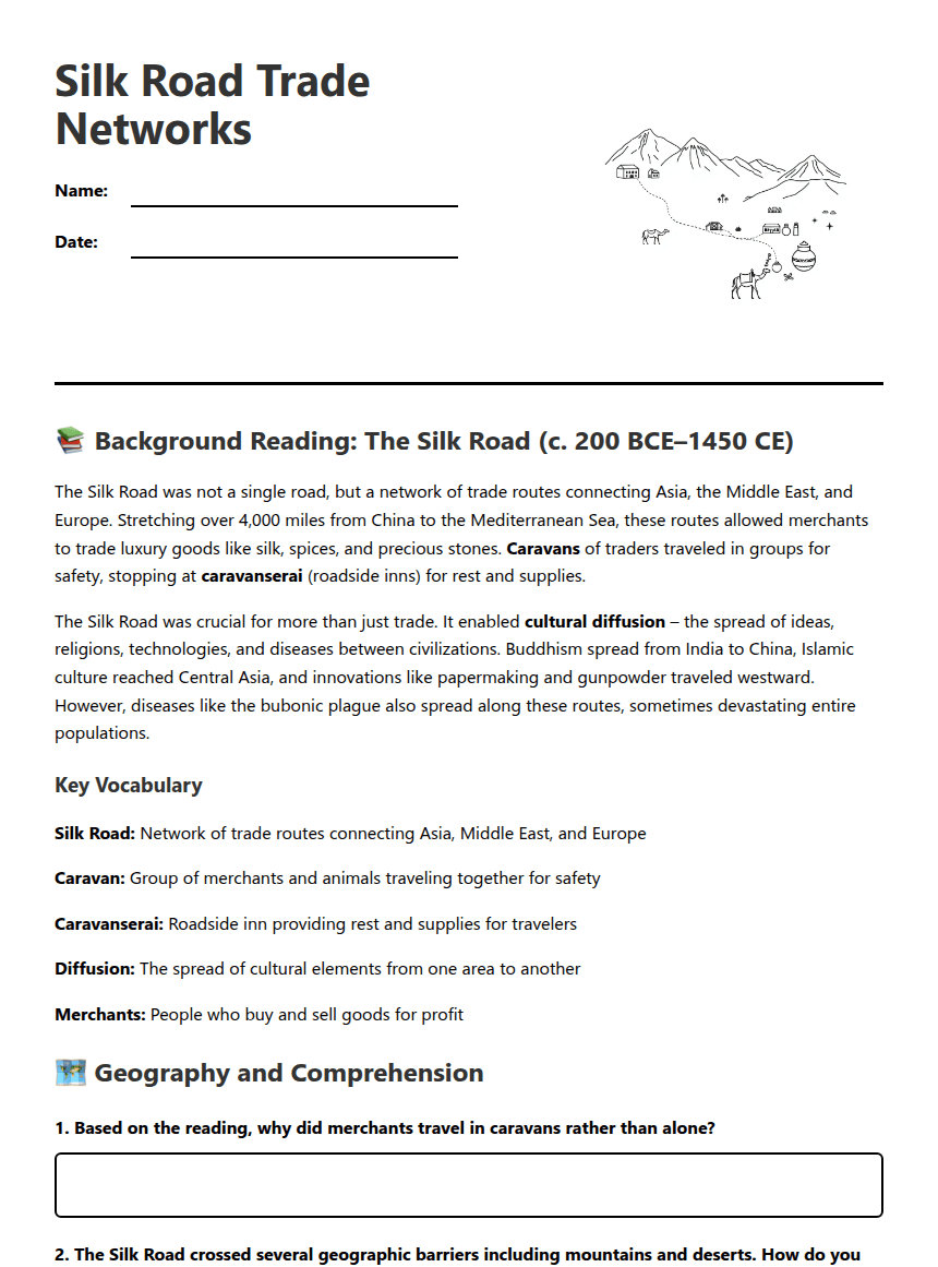 Silk Road Trade Networks worksheet preview