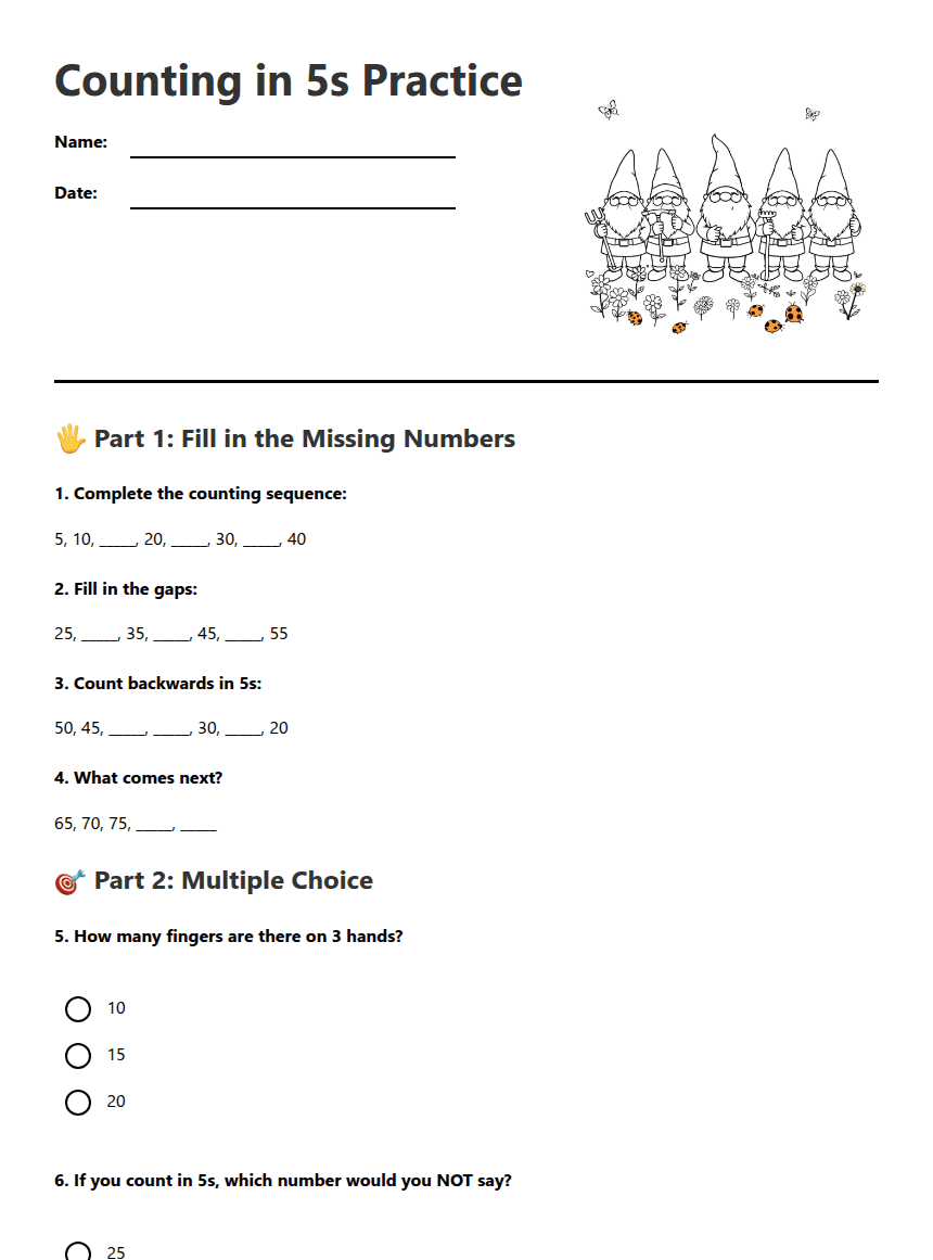 Counting in 5s Practice worksheet preview