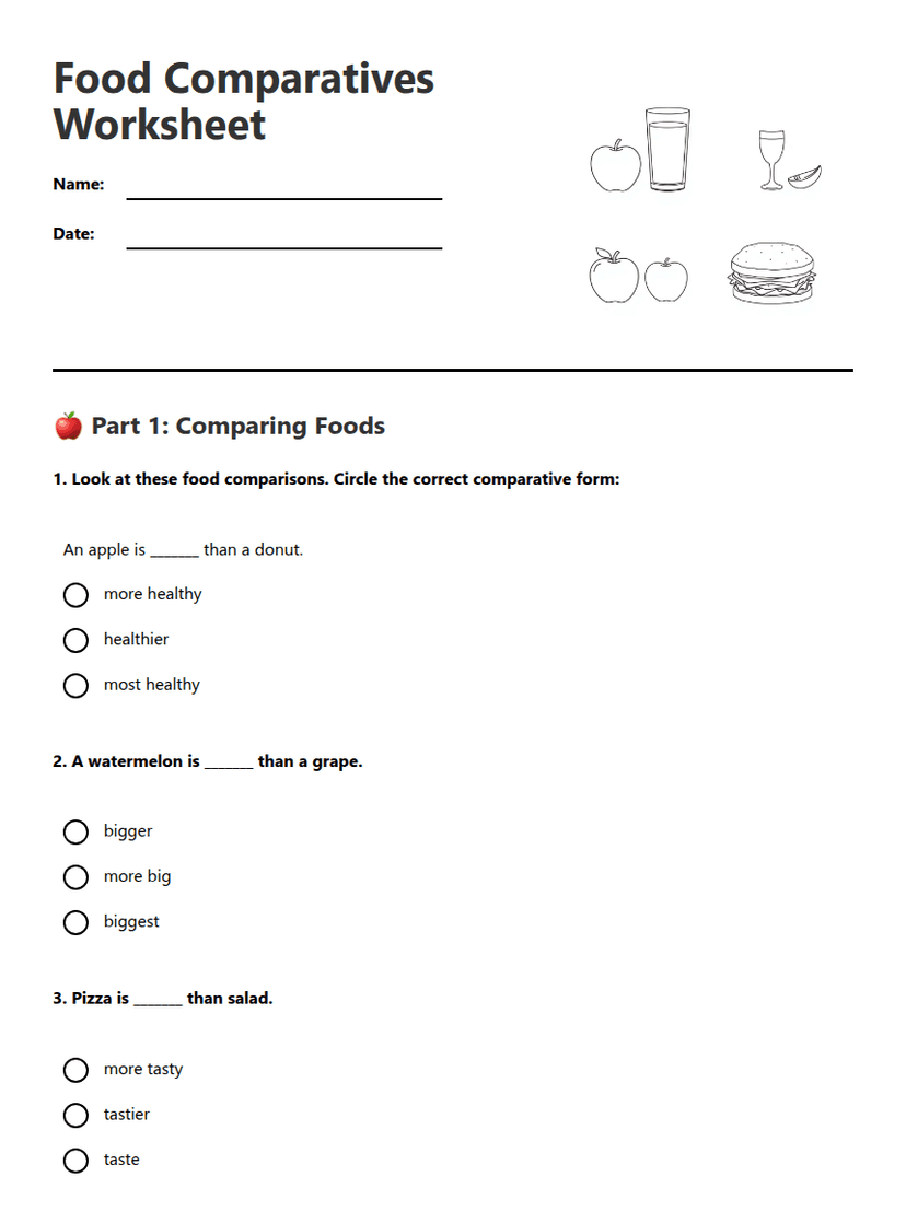 Food Comparatives Worksheet