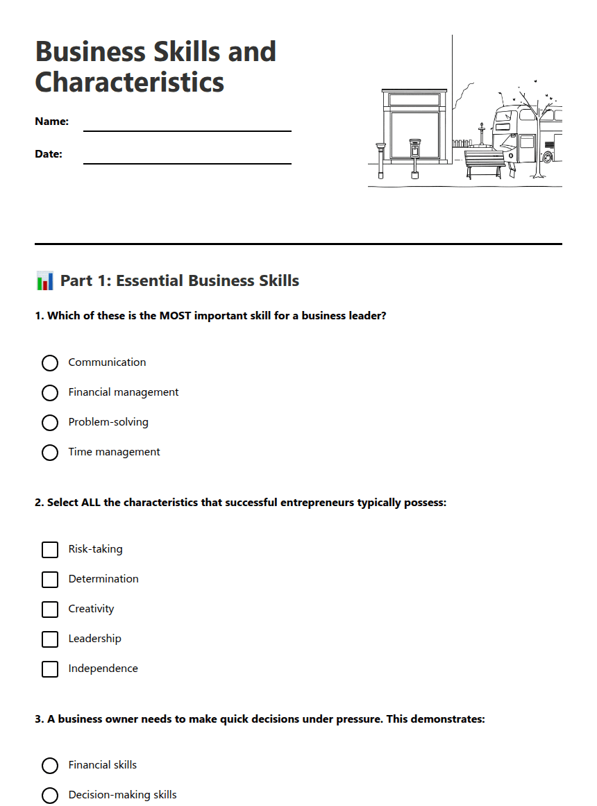 Business Skills and Characteristics worksheet preview
