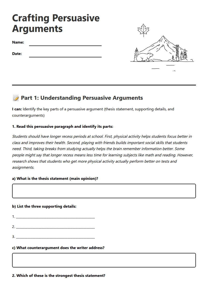 Crafting Persuasive Arguments worksheet preview