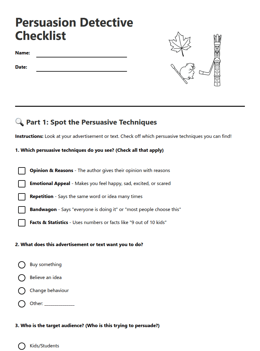 Persuasion Detective Checklist worksheet preview