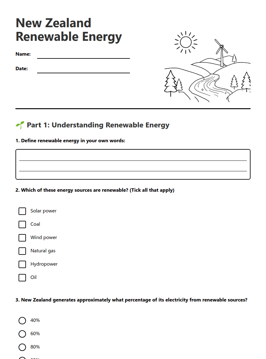 New Zealand Renewable Energy worksheet preview