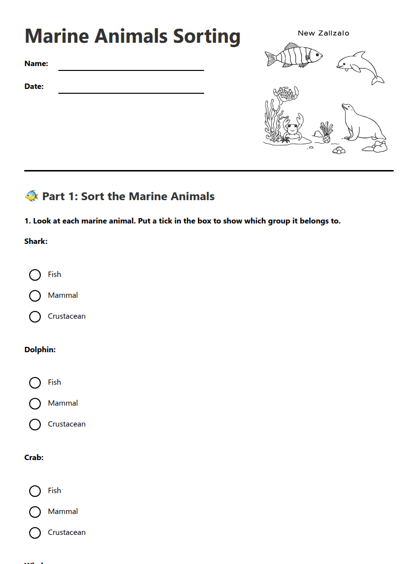 Marine Animals Sorting worksheet preview