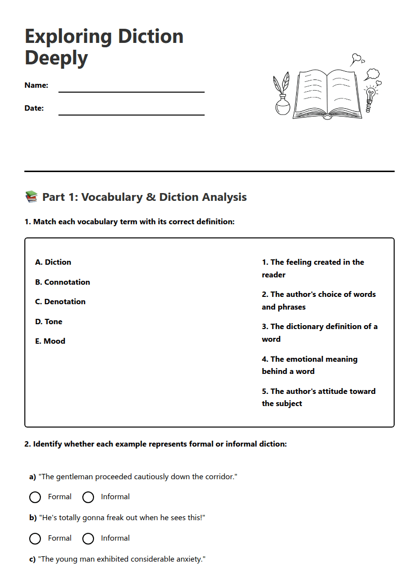 Exploring Diction Deeply worksheet preview