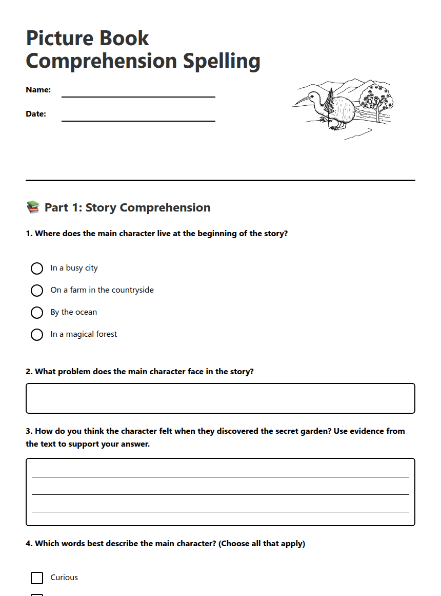 Picture Book Comprehension Spelling worksheet preview