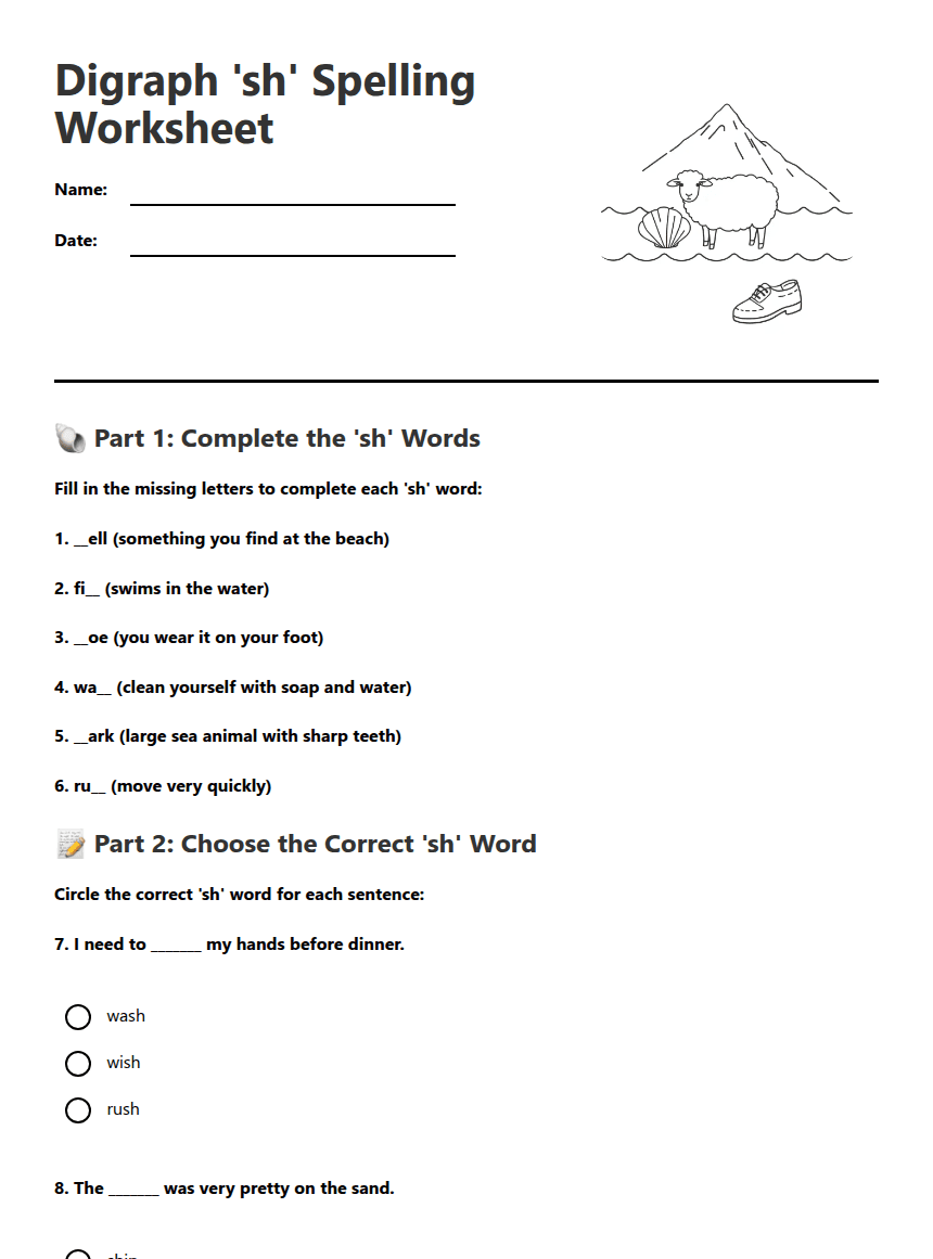 Digraph 'sh' Spelling Worksheet worksheet preview