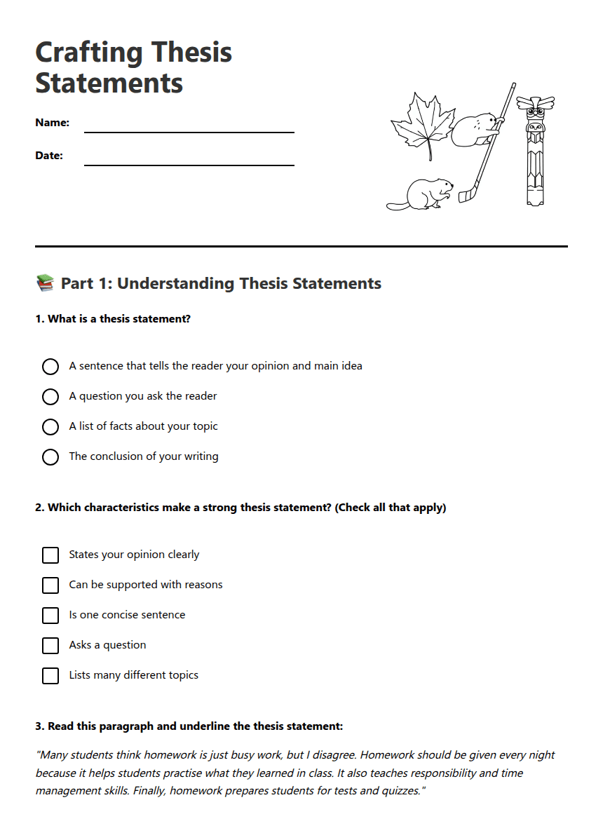 Crafting Thesis Statements worksheet preview