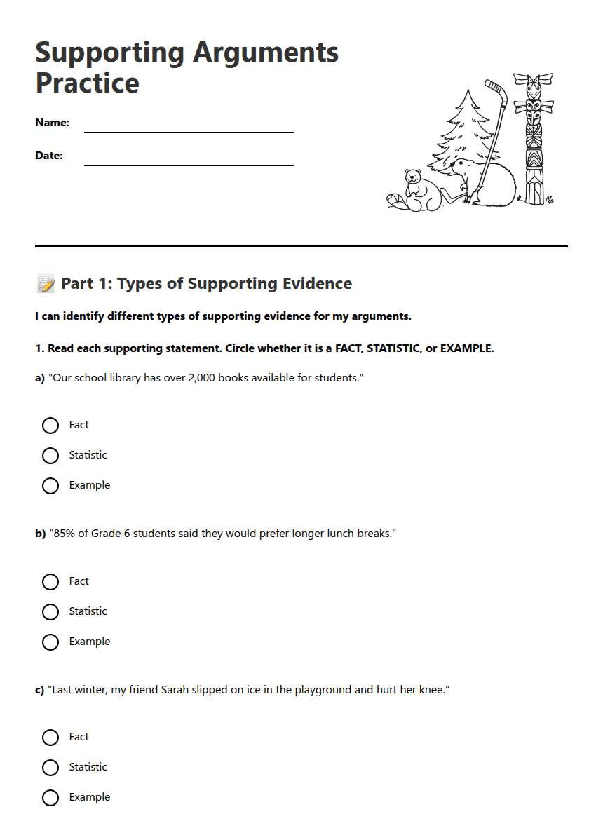 Supporting Arguments Practice worksheet preview