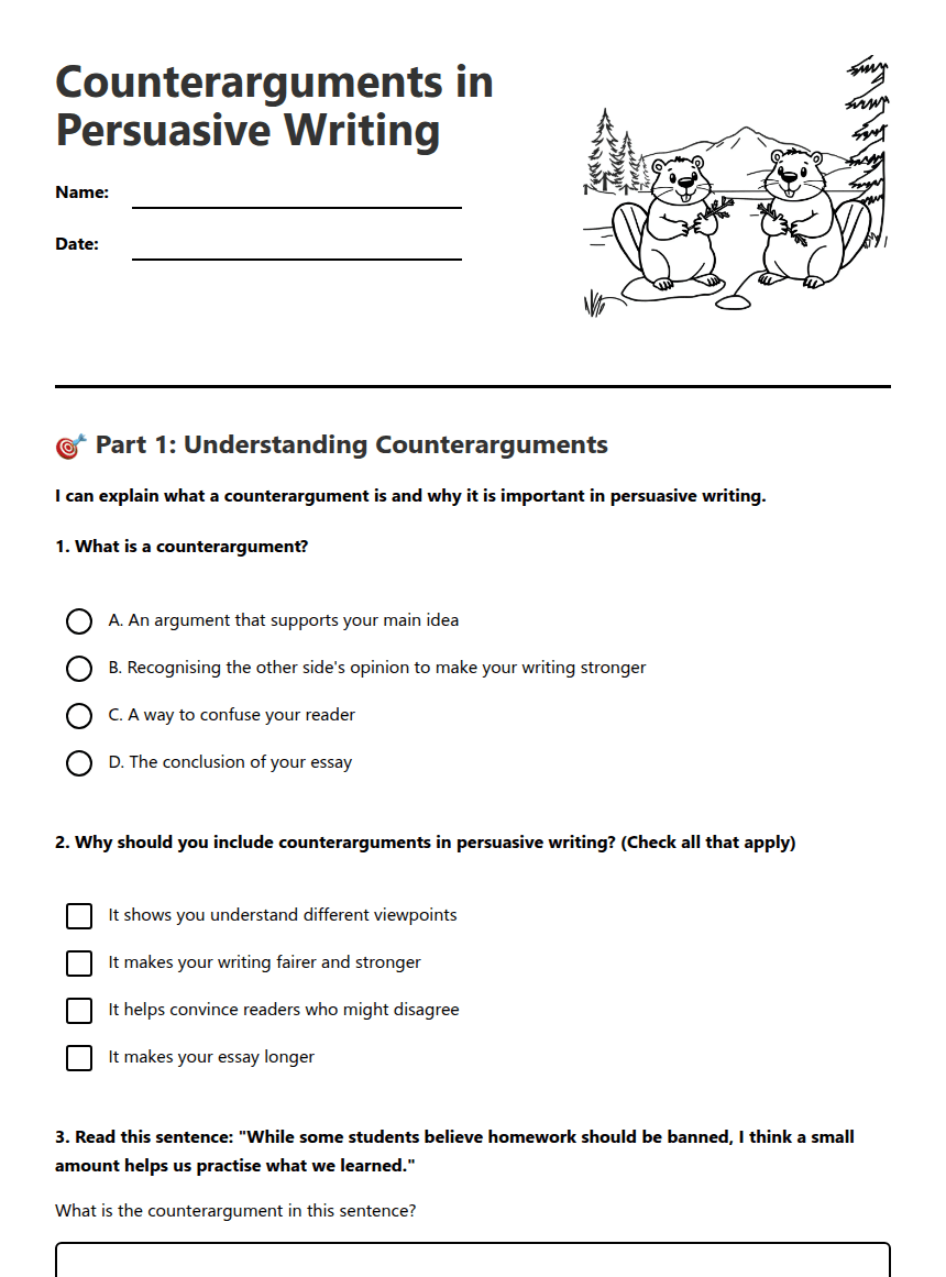 Counterarguments in Persuasive Writing worksheet preview