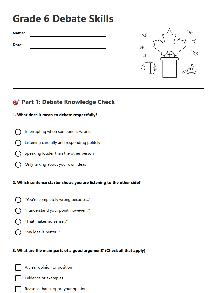 Grade 6 Debate Skills worksheet preview