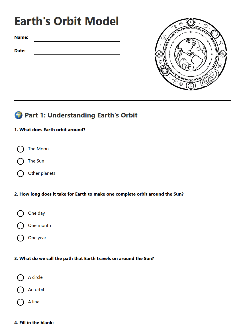 Earth's Orbit Model worksheet preview