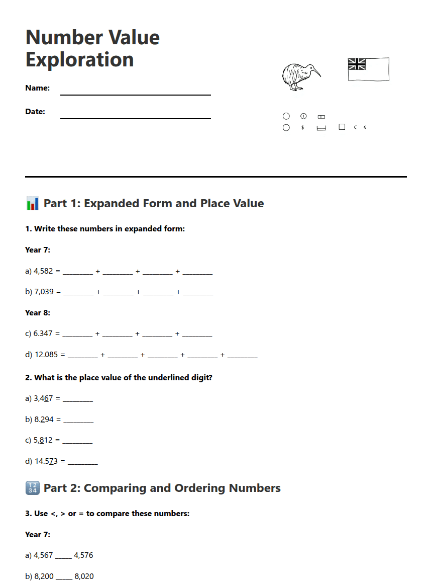 Number Value Exploration worksheet preview