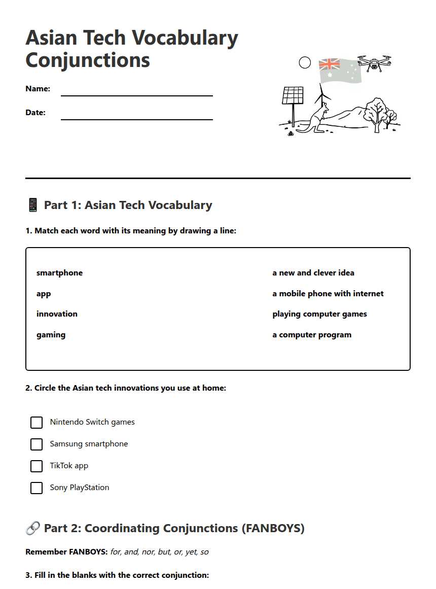 Asian Tech Vocabulary Conjunctions worksheet preview