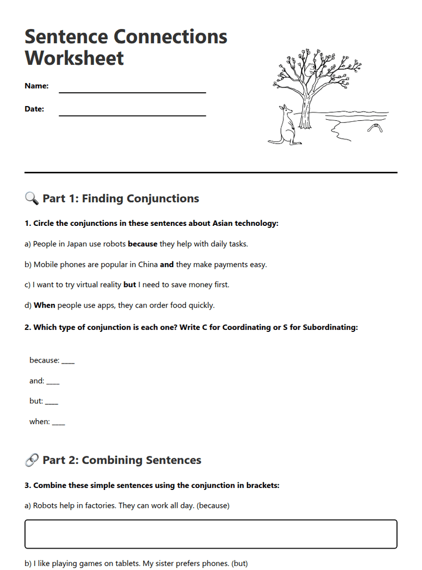 Sentence Connections Worksheet