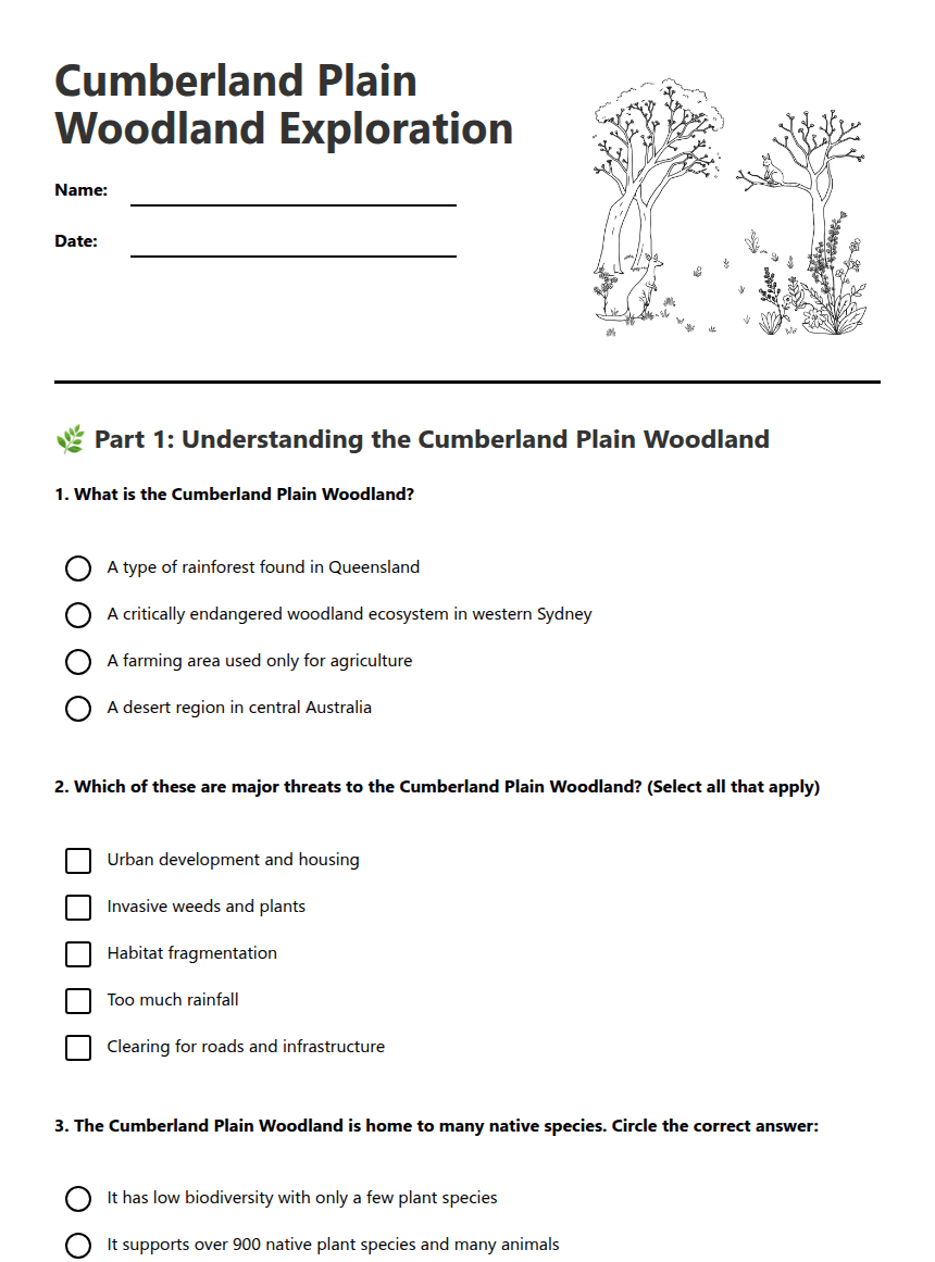 Cumberland Plain Woodland Exploration worksheet preview