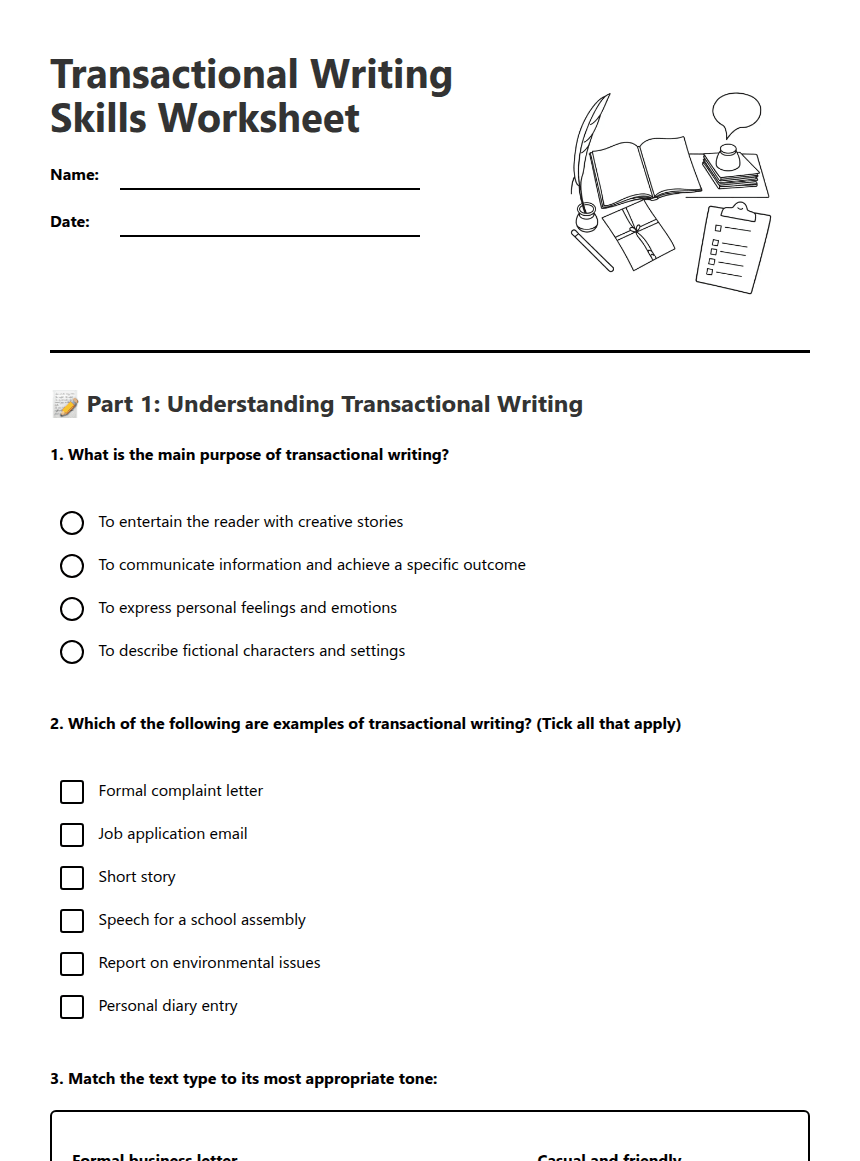 Transactional Writing Skills Worksheet worksheet preview