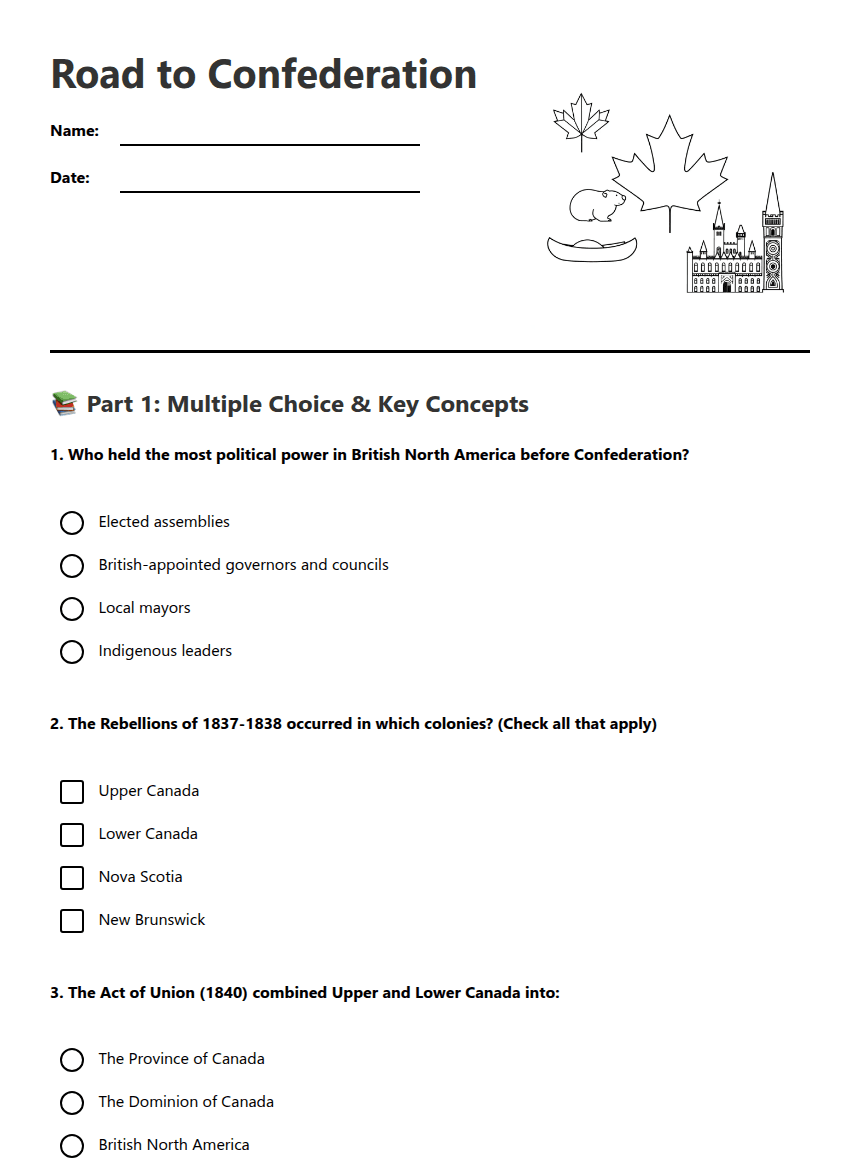 Road to Confederation worksheet preview
