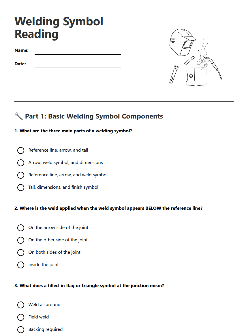 Welding Symbol Reading worksheet preview