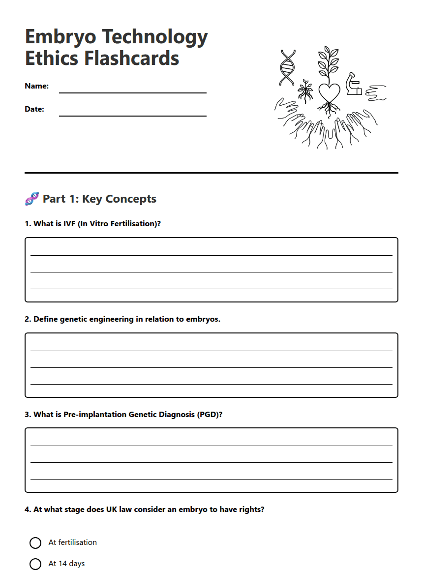 Embryo Technology Ethics Flashcards worksheet preview