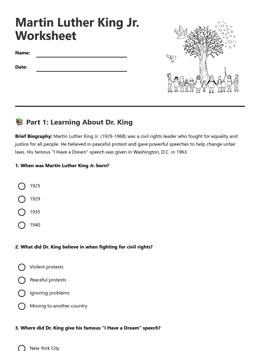Martin Luther King Worksheet worksheet preview