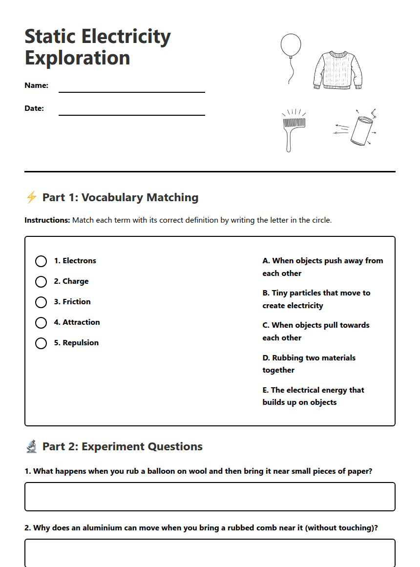 Static Electricity Exploration worksheet preview