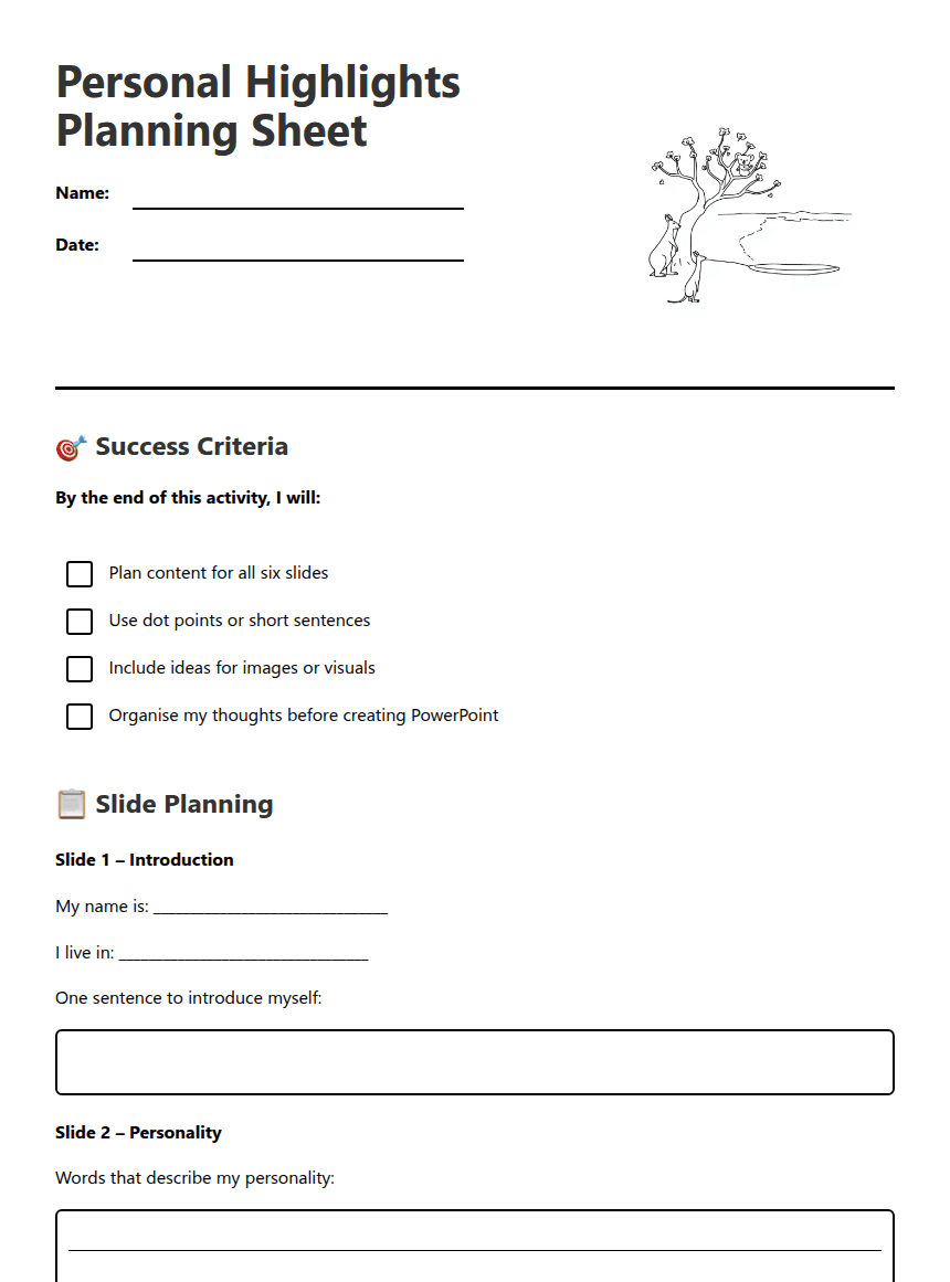 Personal Highlights Planning Sheet worksheet preview