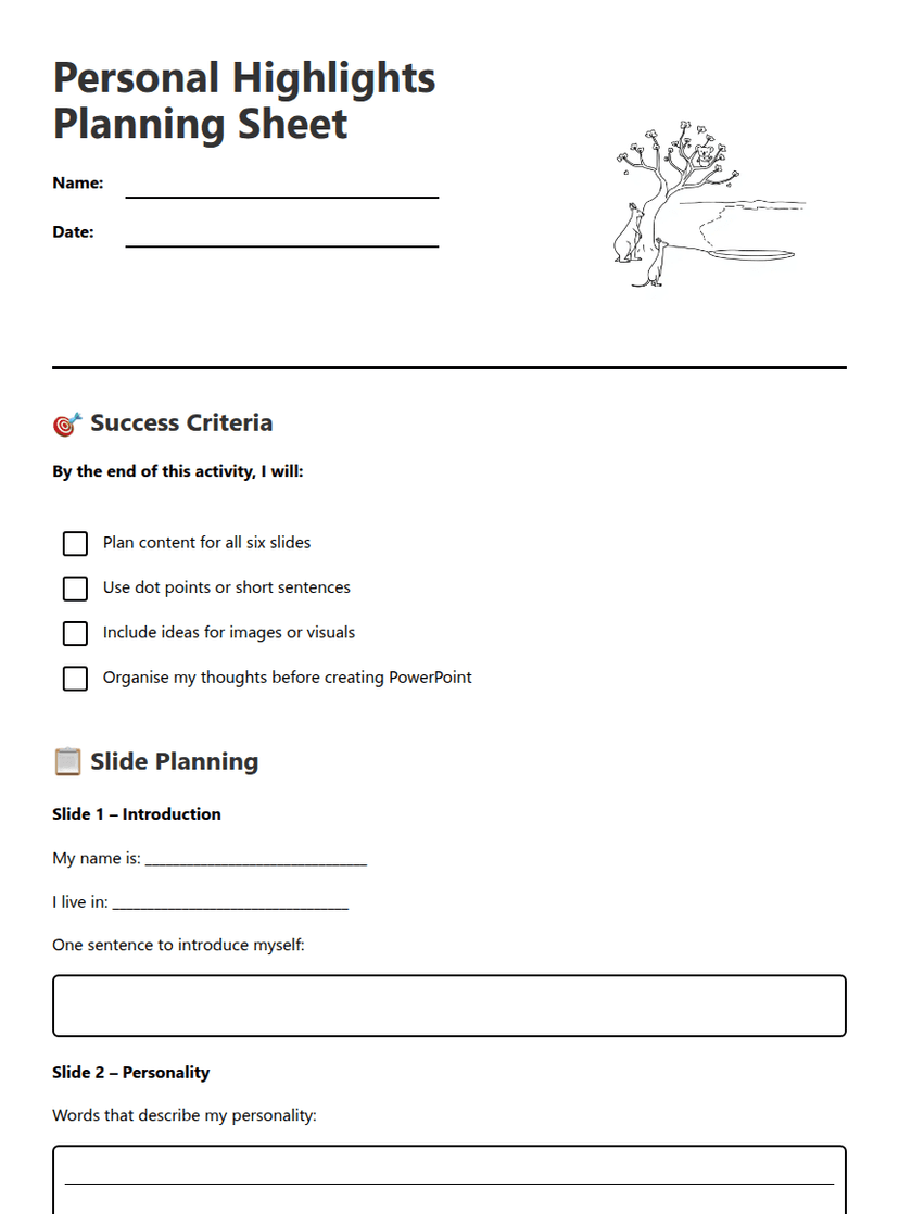 Personal Highlights Planning Sheet