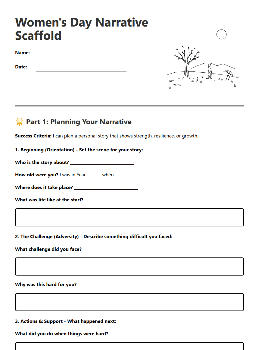 Women's Day Narrative Scaffold worksheet preview