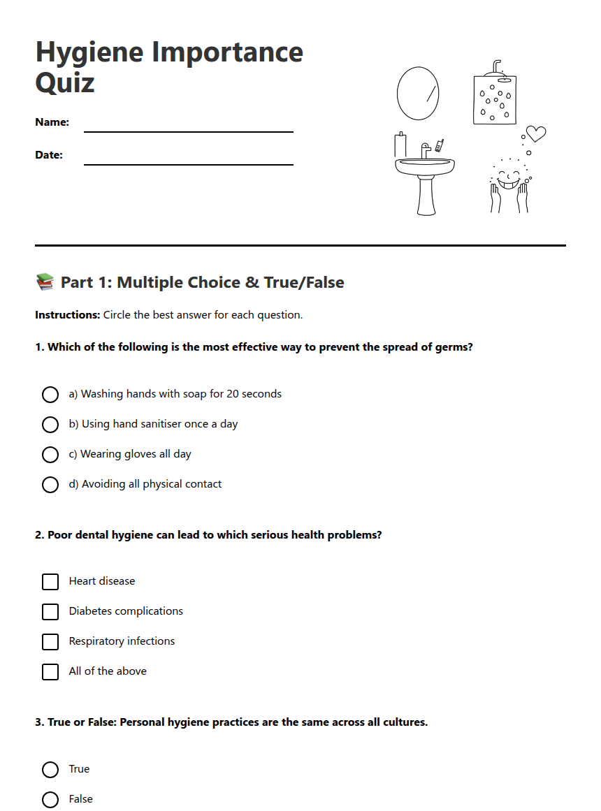 Hygiene Importance Quiz worksheet preview