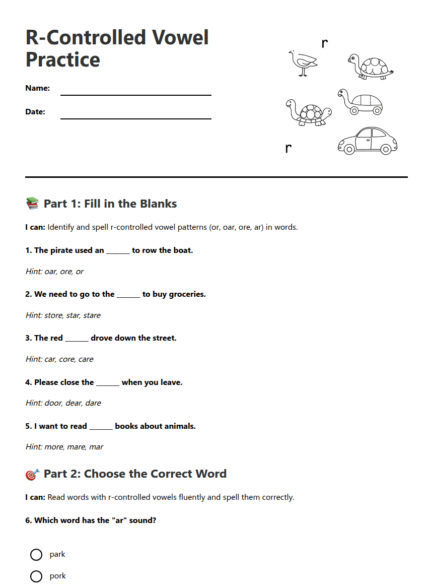 R-Controlled Vowel Practice worksheet preview