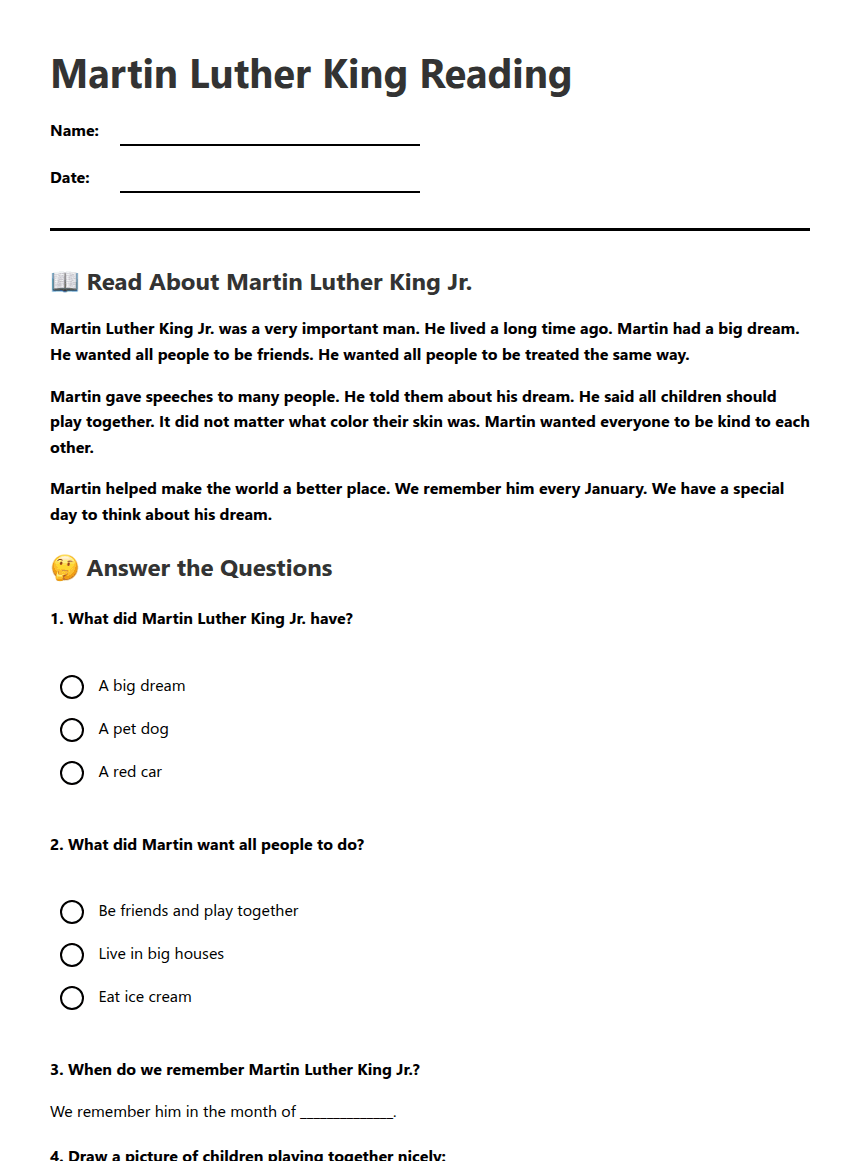 Martin Luther King Reading worksheet preview