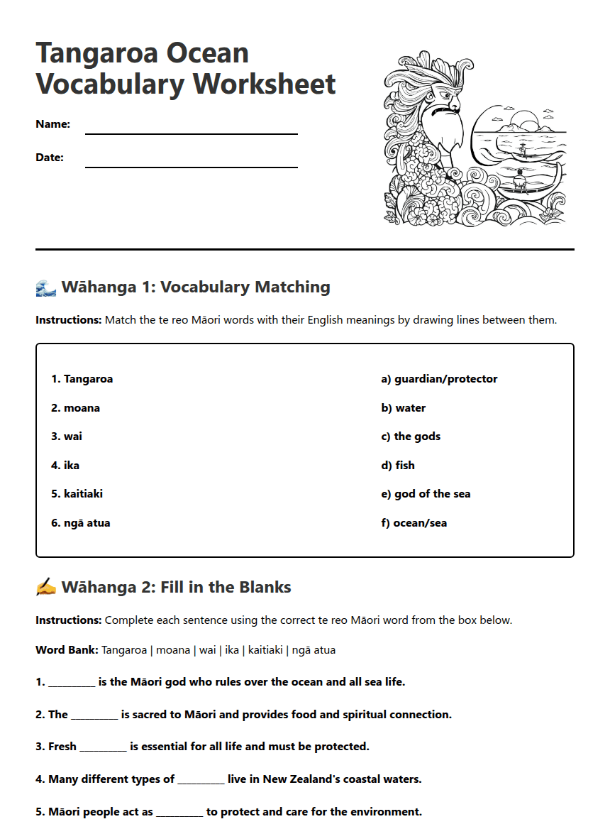 Tangaroa Ocean Vocabulary Worksheet worksheet preview