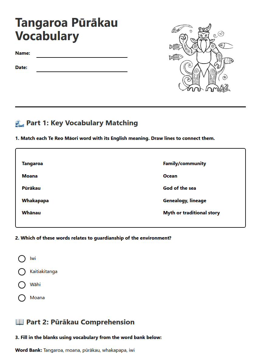 Tangaroa Pūrākau Vocabulary worksheet preview
