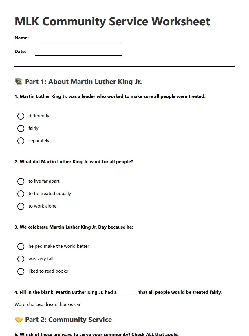 MLK Community Service Worksheet worksheet preview